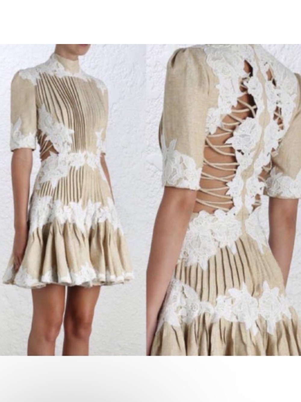 Zimmermann Mischief Rosette Laced Dress in Oat Herringbone